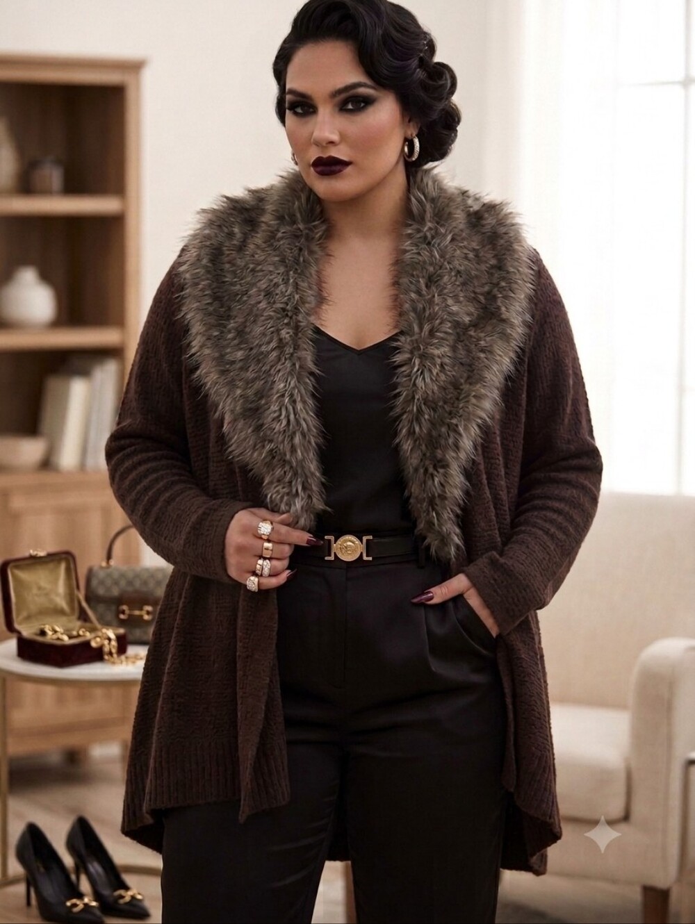 Penny Lane Brown Open Front Cardigan Sweater With Removable Faux Fur Collar
